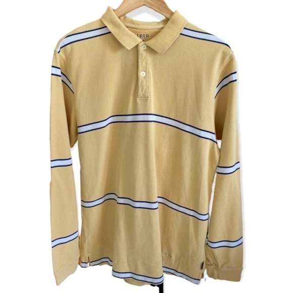 Vintage Retro IZOD Jeans Striped Cotton Rugby Shirt Yellow Gold Size Large - Picture 1 of 12